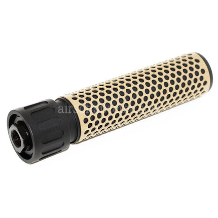 AIRSOFT SPECTER 179mm 7 Inches 5.56 Style QDC Suppressor Silencer with Flash Hider For -14mm CCW Counter-Clockwise Thread Barrel Rifles Airsoft Tan/Black