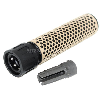 AIRSOFT SPECTER 179mm 7 Inches 5.56 Style QDC Suppressor Silencer with Flash Hider For -14mm CCW Counter-Clockwise Thread Barrel Rifles Airsoft Tan/Black