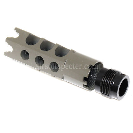 AIRSOFT SPECTER 84mm DTK-1 Style Muzzle Brake Flash Hider with Adaptor For -14mm CCW Counter-Clockwise Thread Barrel Rifles