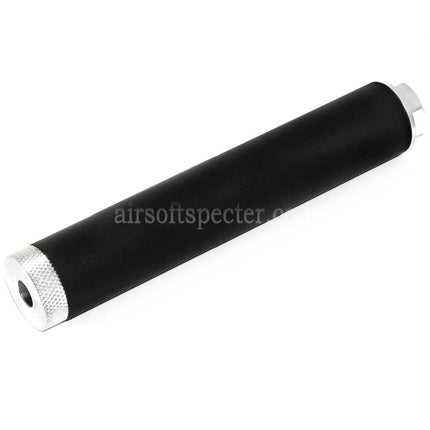 Silencieux DOUBLE BELL 194mm/204mm x 35mm pour fusils Airsoft avec filetage anti-horaire CCW de -14mm Noir/Argent