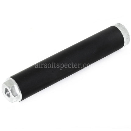 Silencieux DOUBLE BELL 194mm/204mm x 35mm pour fusils Airsoft avec filetage anti-horaire CCW de -14mm Noir/Argent