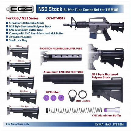 CYMA CGS N23 Shortened Stock Set with 5-Position Buffer Tube Suitable For CYMA CGS Tokyo Marui M4 Series MWS GBB Rifles Airsoft Black
