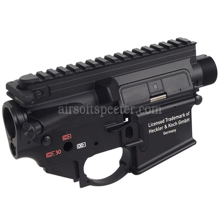 CYMA CGS HK416A5 Jeu de récepteurs supérieur et inférieur en métal, compatible avec les répliques d'airsoft CYMA CGS HK416 Tokyo Marui M4 Series MWS GBB, couleur noire.